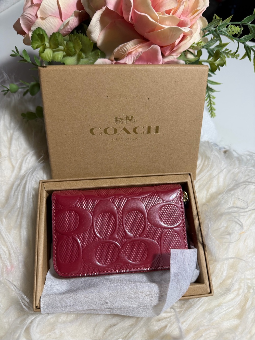 COACH Embossed Signature Zip Wallet - Burgundy Red